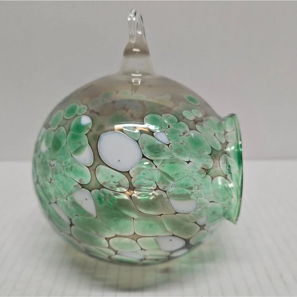 Hand-blown Fused Glass Tea Light Hanging Candle Holder Green/White